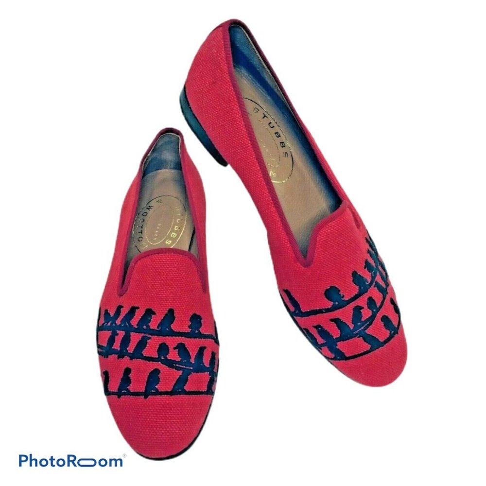 Stubbs & Wootton Women Birds Red Loafers 9 1/2 - Picture 1 of 6